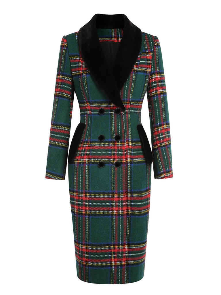 Green 1960s Plaid Fur Collar Pencil Coat