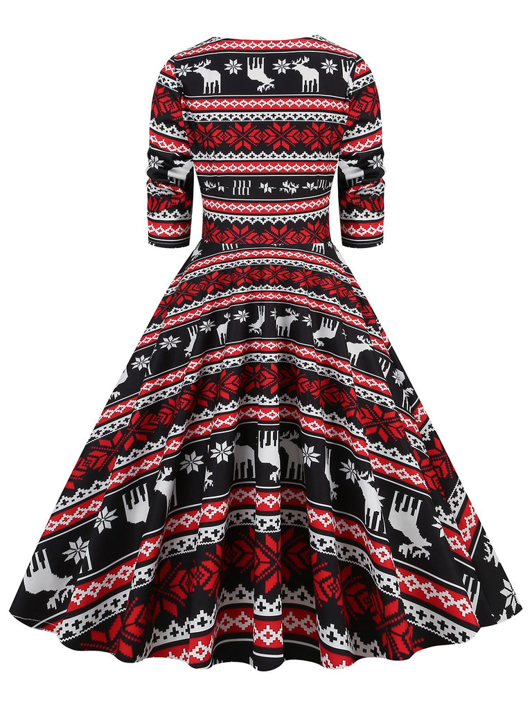 1950s Christmas Patchwork V-neck Dress