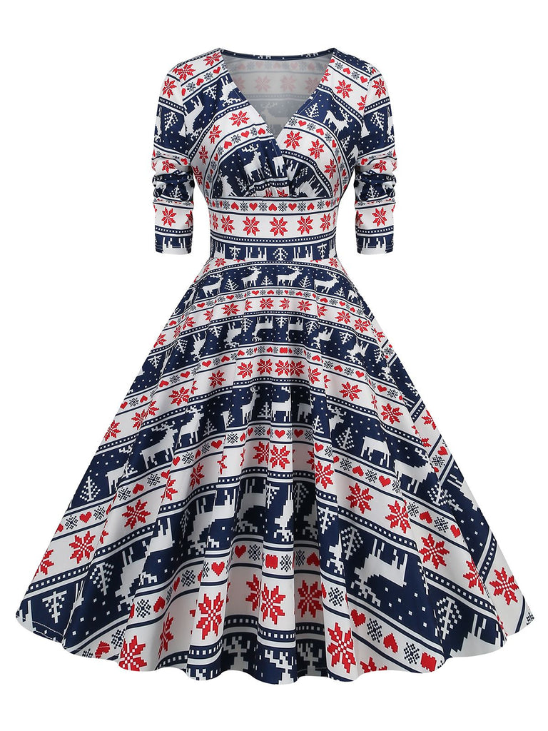 1950s Christmas Patchwork V-neck Dress