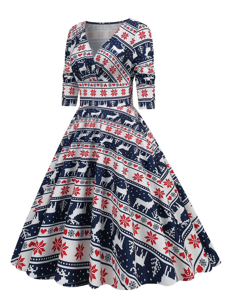 1950s Christmas Patchwork V-neck Dress