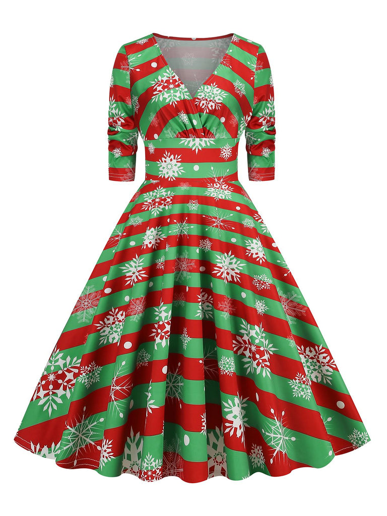 1950s Christmas Patchwork V-neck Dress