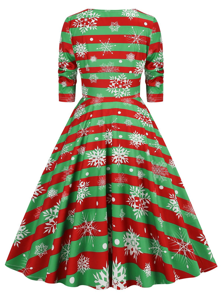 1950s Christmas Patchwork V-neck Dress