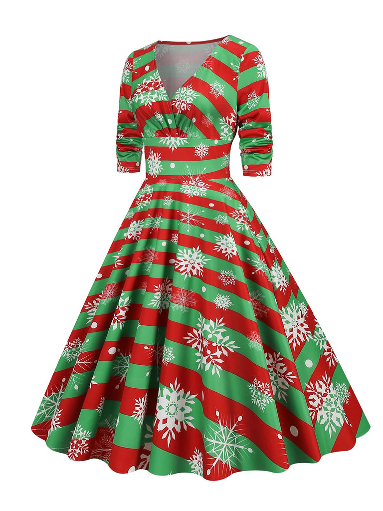 1950s Christmas Patchwork V-neck Dress