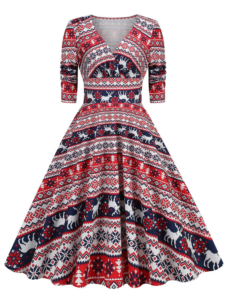 1950s Christmas Patchwork V-neck Dress