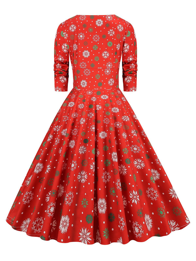 1950s Christmas Patchwork V-neck Dress