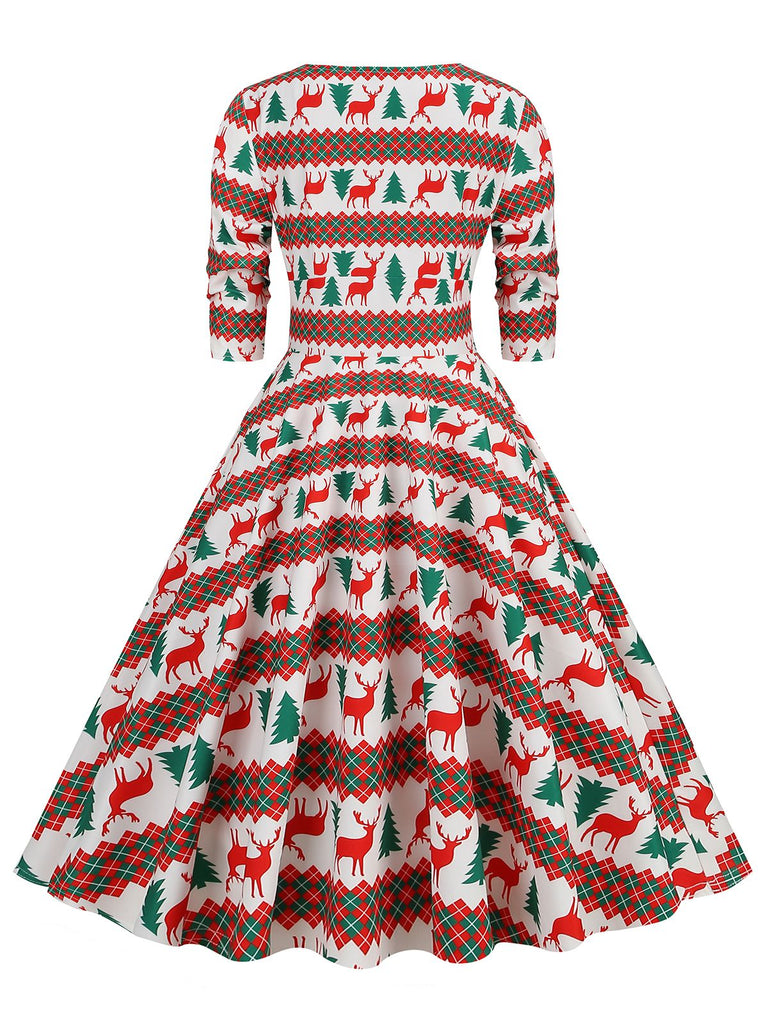 1950s Christmas Patchwork V-neck Dress