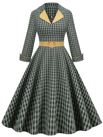 Yellow & Black 1950s Plaid Lapel Belt Swing Dress