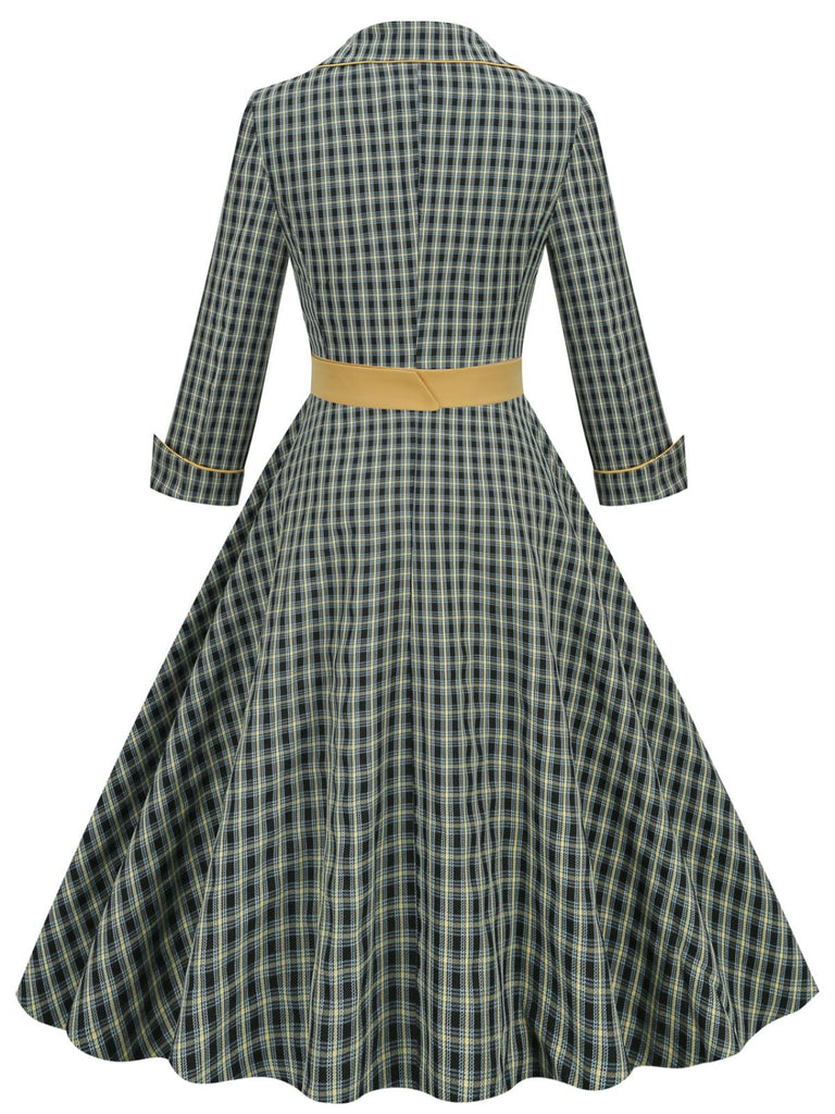 Yellow & Black 1950s Plaid Lapel Belt Swing Dress