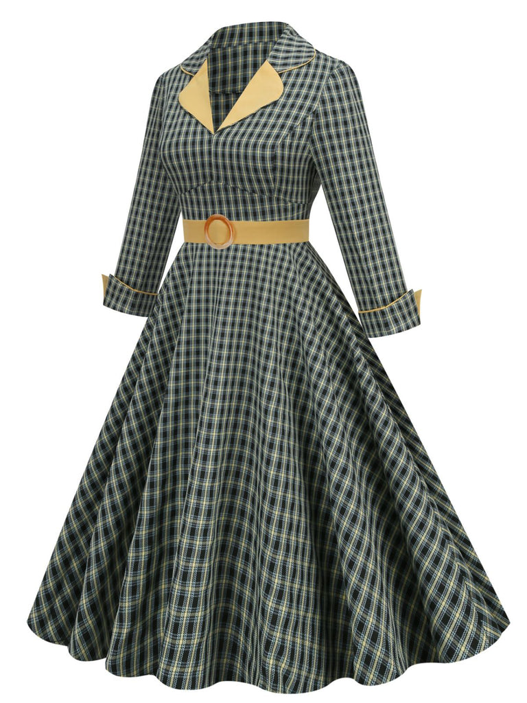 Yellow & Black 1950s Plaid Lapel Belt Swing Dress