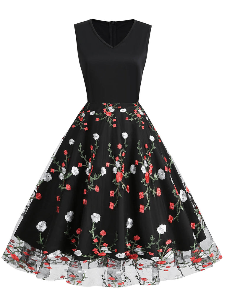 Black 1950s Floral Embroidered Patchwork Dress