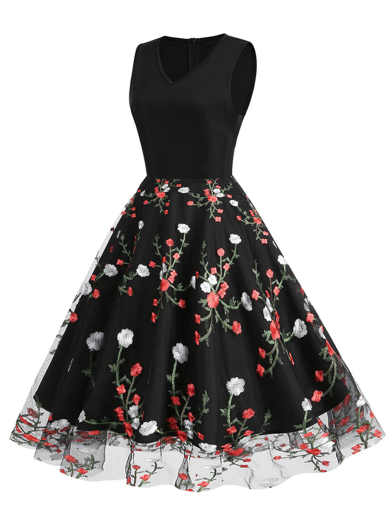Black 1950s Floral Embroidered Patchwork Dress