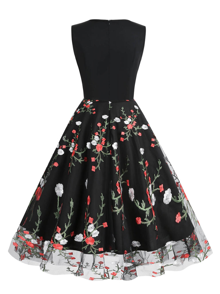 Black 1950s Floral Embroidered Patchwork Dress