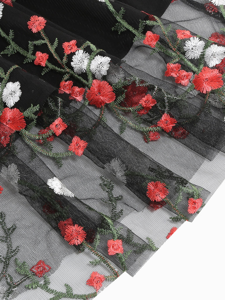 Black 1950s Floral Embroidered Patchwork Dress