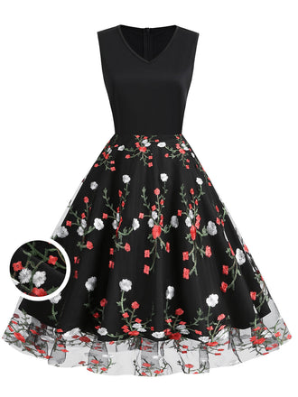 Black 1950s Floral Embroidered Patchwork Dress