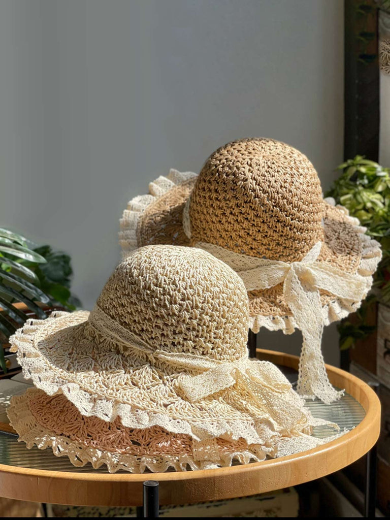 Beige Hand-made Lace Bow Sun Hat