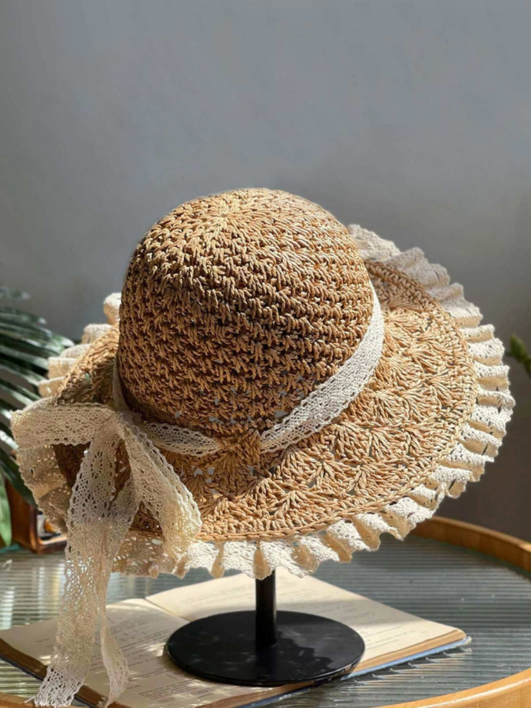 Beige Hand-made Lace Bow Sun Hat