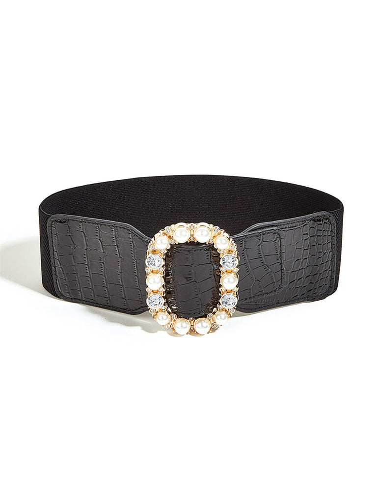 Black Retro Wide Belt With Pearl