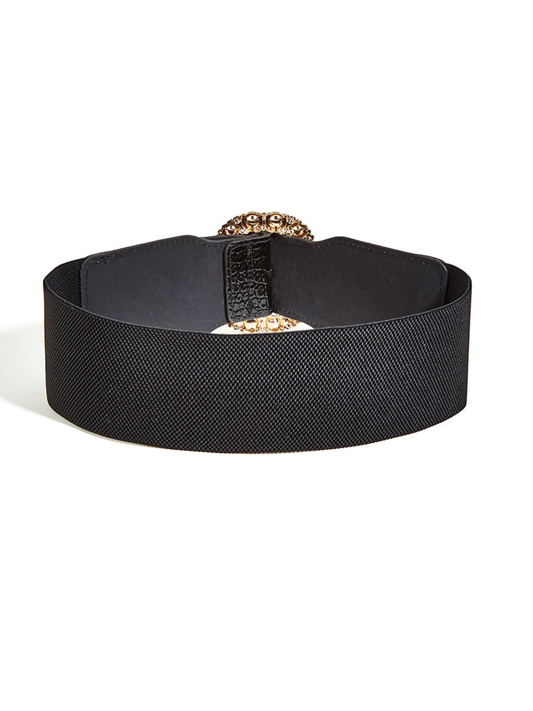 Black Retro Wide Belt With Pearl