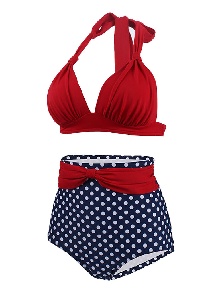 1950s Polka Dot Pleated Halter Bikini