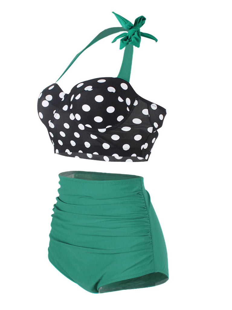 Polka Dot Halter Pleated Bikini