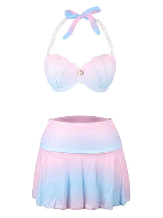 1940s Gradient Pink Shell Skirted Bikini Set