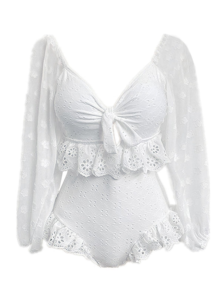 White 1950s Lantern Sleeve Ruffled Swimsuit