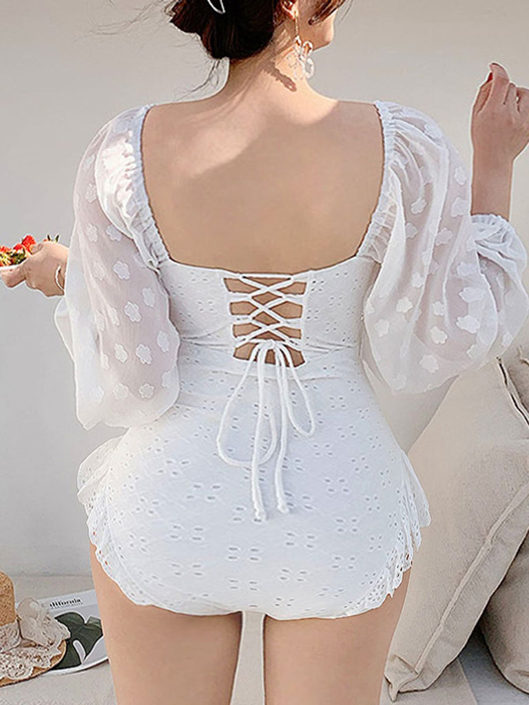 White 1950s Lantern Sleeve Ruffled Swimsuit