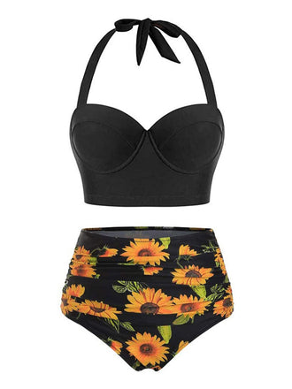 1950s Halter Sunflower Pleated Bikini Set