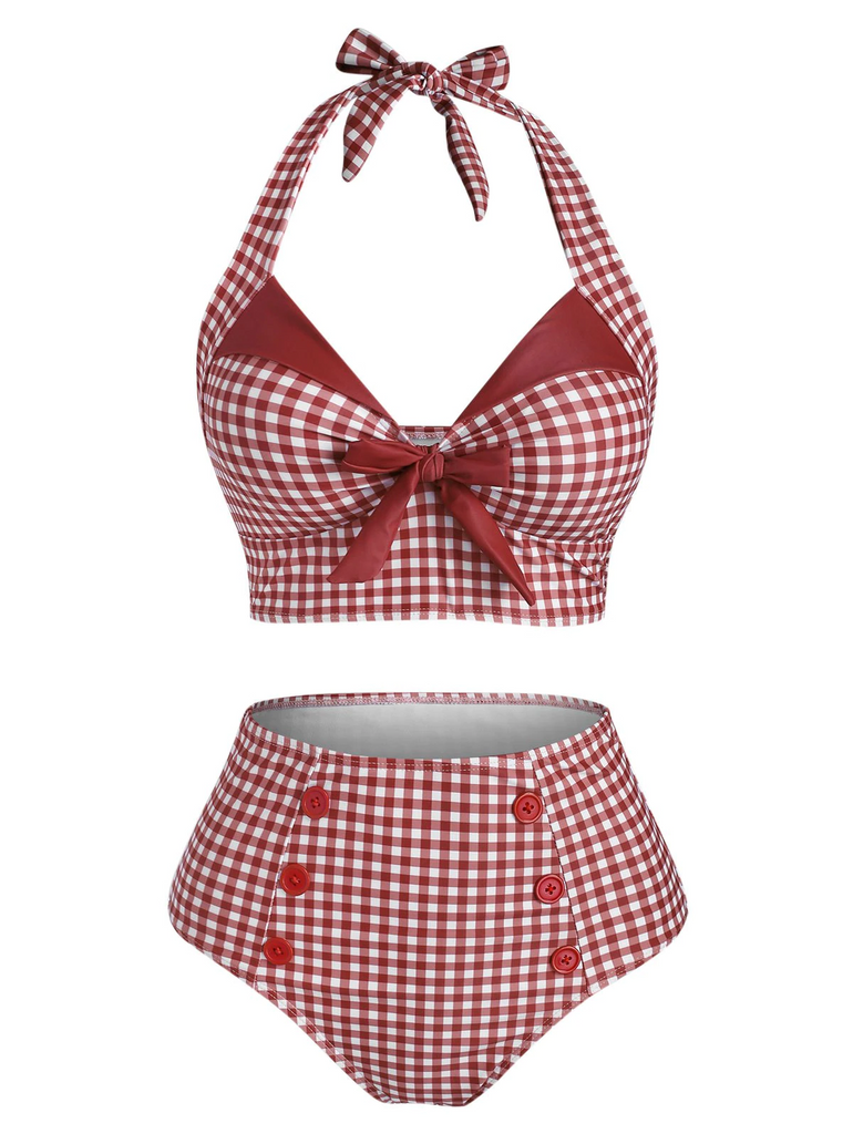 Red 1950s Checked Halter Bowknot Bikini Set