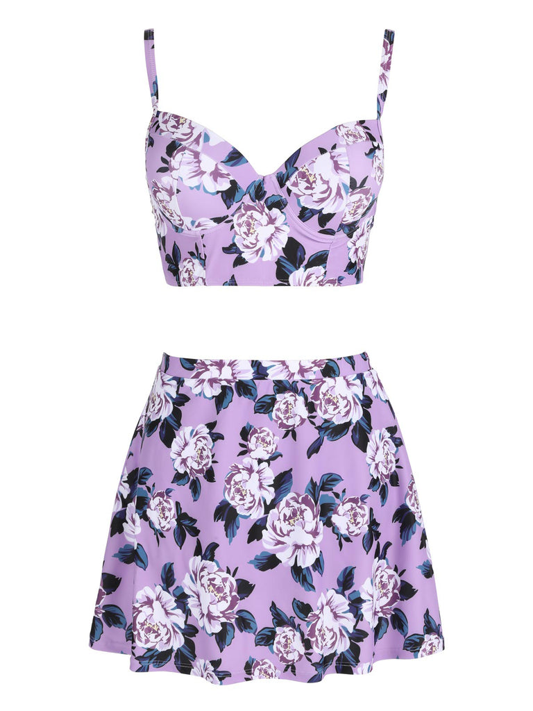 [Plus Size] Lavender Peony Retro Strap Swimsuit