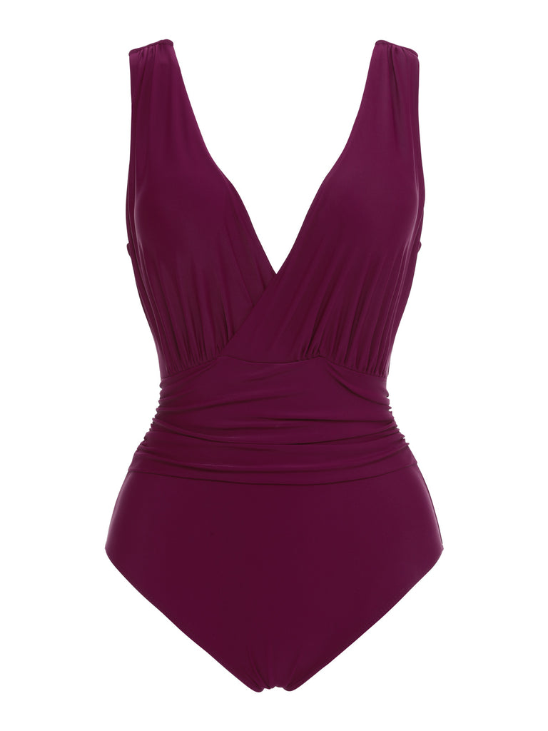 Raspberry Purple 1960s V-Neck One-piece Swimsuit