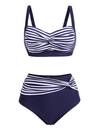 [Plus Size] 1950s Stripe Twisted Patchwork Strap Swimsuit