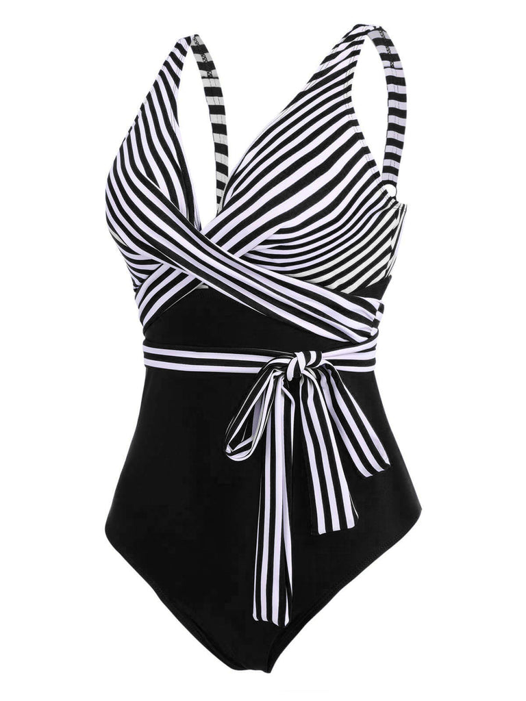 [Plus Size] 1950s Stripe Lace Up Patchwork One-Piece Swimsuit