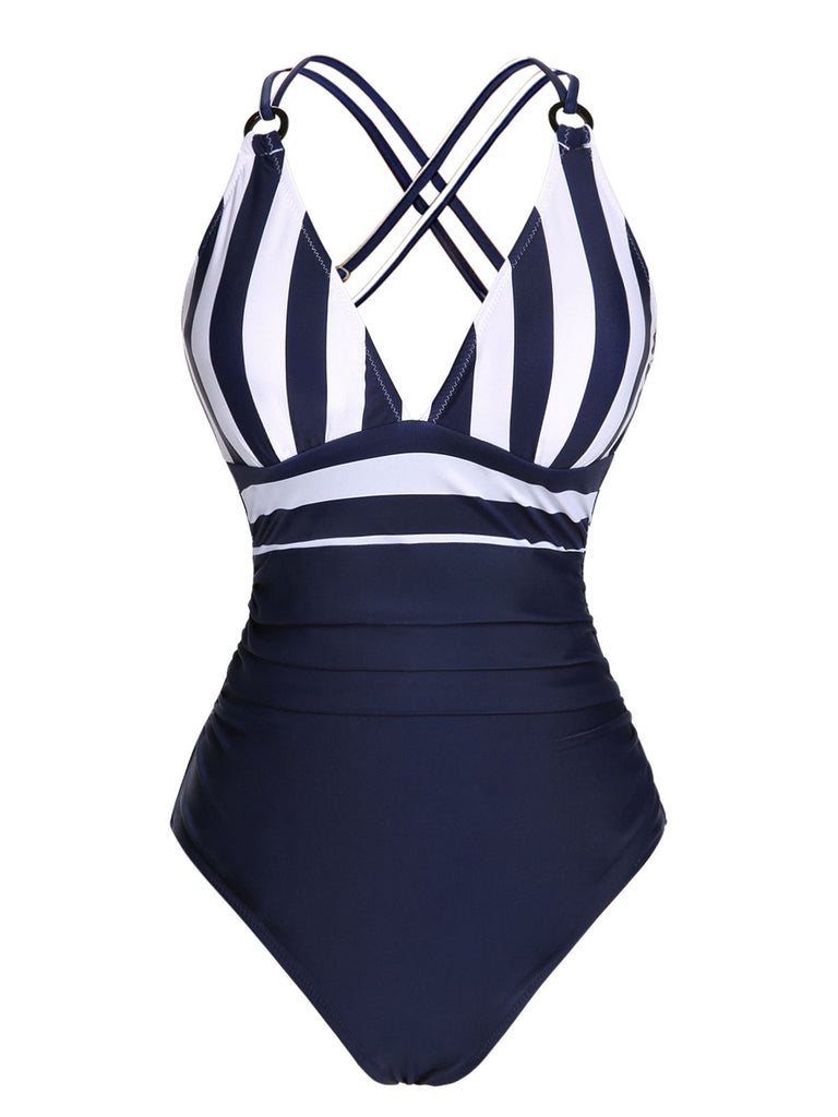 Navy Blue Stripes Strap Patchwork Swimsuit