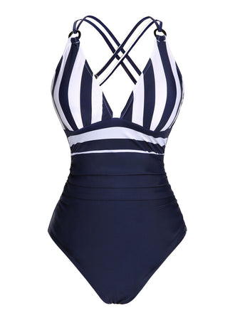 Navy Blue 1950s Stripes Strap Patchwork Swimsuit