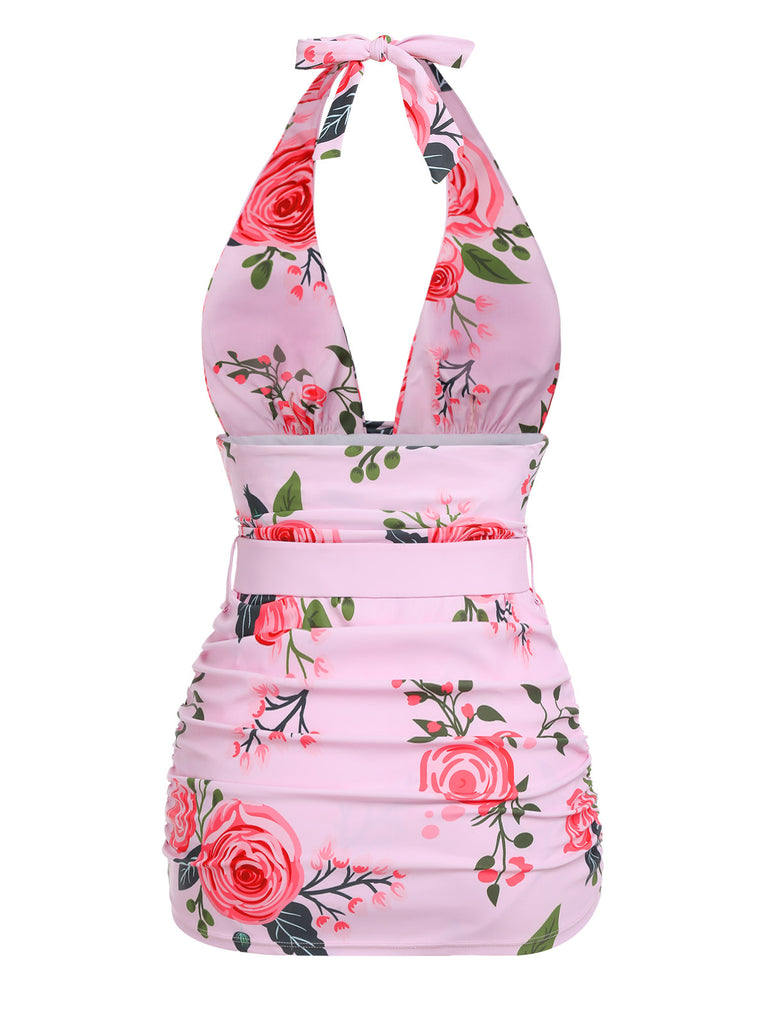 Pink 1930s Roses Halter Belt Swimsuit