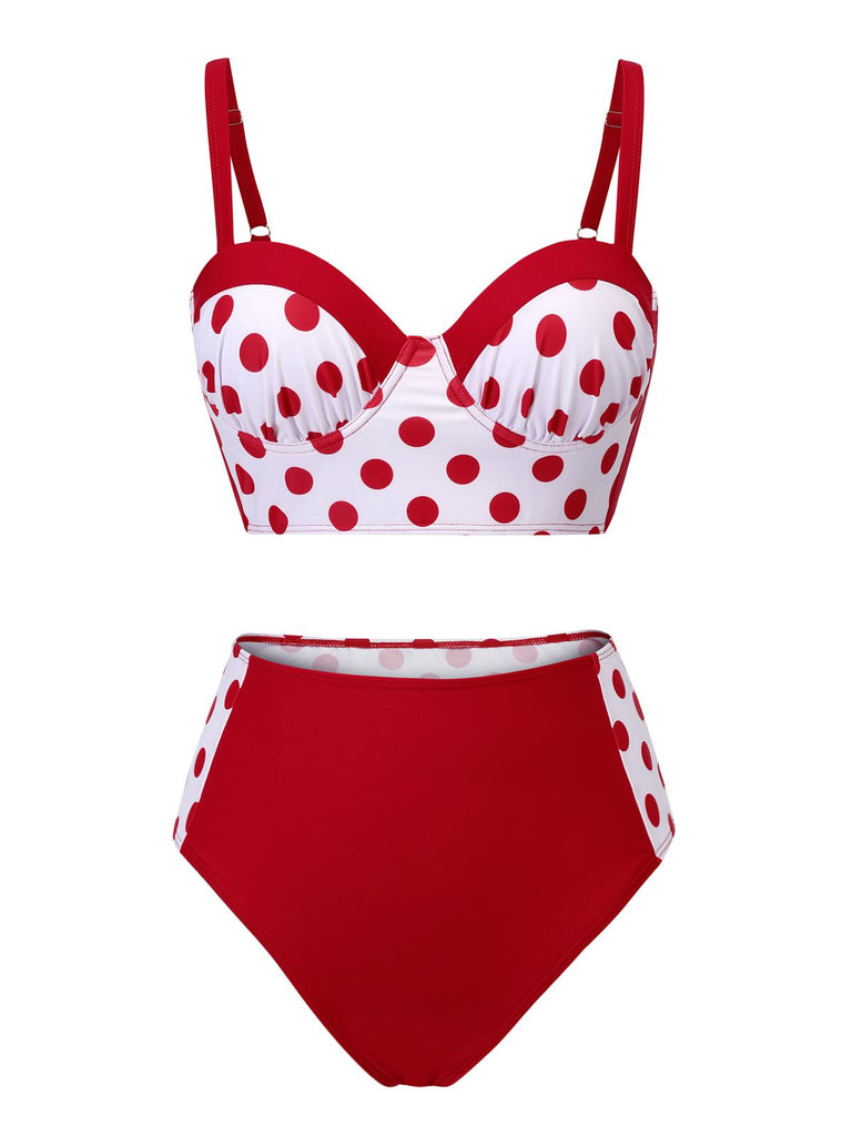 Red 1950s Polka Dot Pleated Swimsuit