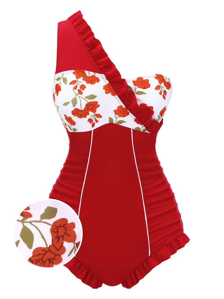 1950s One-shoulder Ruffle One-piece Swimsuit