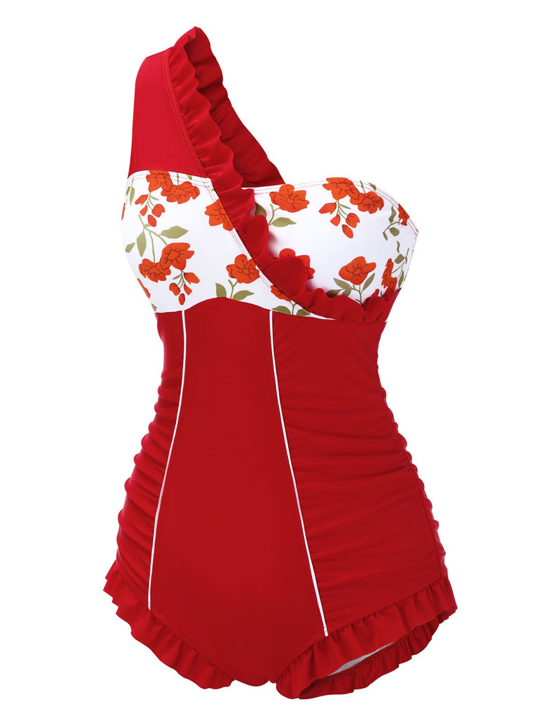 1950s One-shoulder Ruffle One-piece Swimsuit
