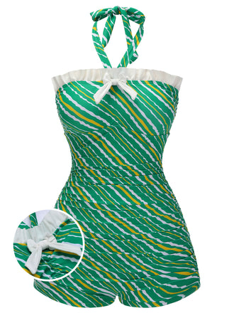[US Warehouse] Green 1930s Stripe Off-Shoulder Halter Swimsuit