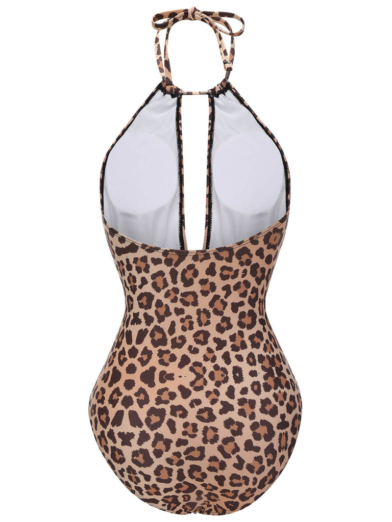 Brown 1930s Leopard V-Neck Halter Swimsuit