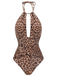 Brown 1930s Leopard V-Neck Halter Swimsuit