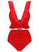 Red 1950s Solid Ruffled V-neck Straps Swimsuit