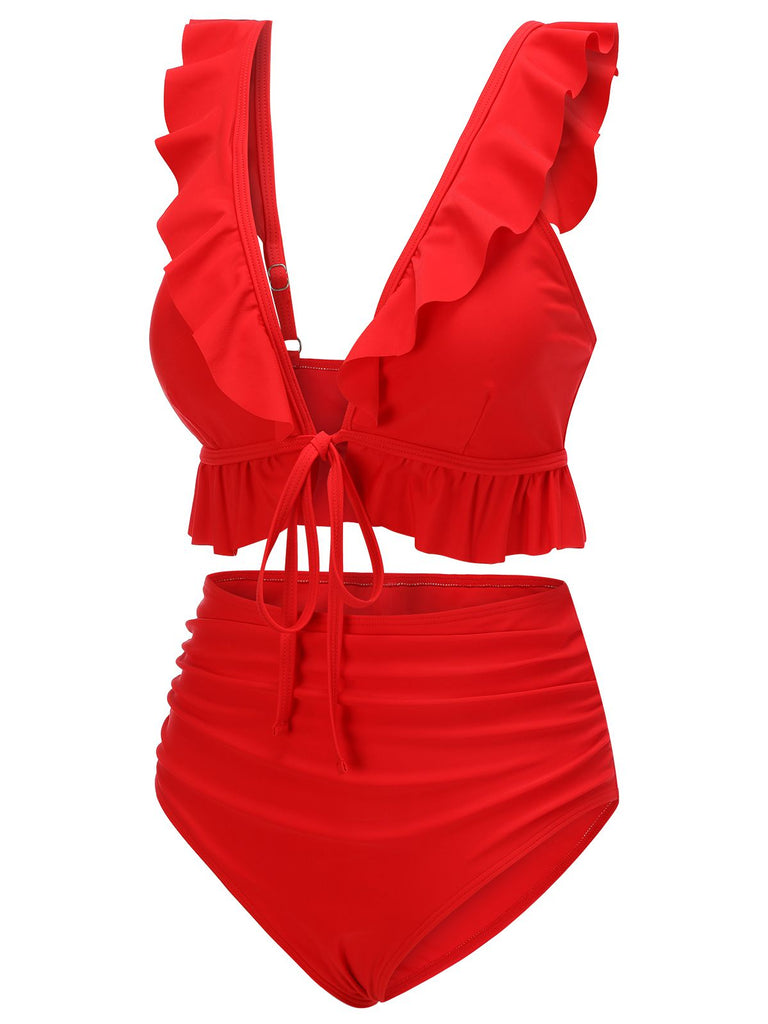 Red 1950s Solid Ruffled V-neck Straps Swimsuit