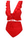 Red 1950s Solid Ruffled V-neck Straps Swimsuit