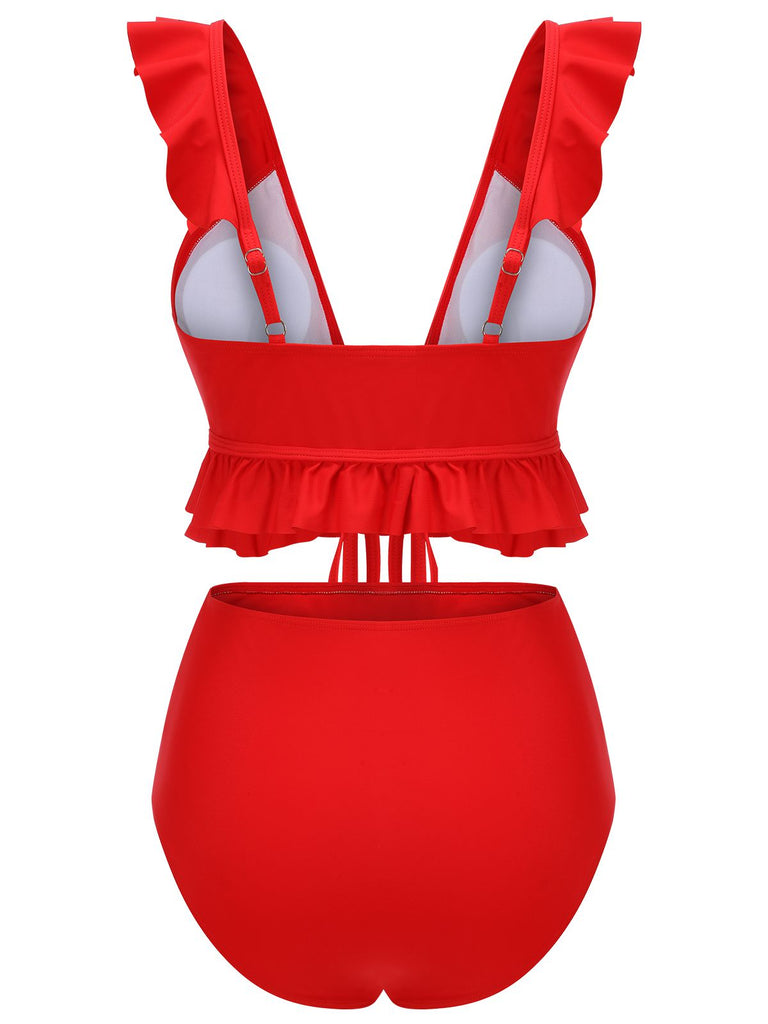 Red 1950s Solid Ruffled V-neck Straps Swimsuit