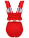 Red 1950s Solid Ruffled V-neck Straps Swimsuit