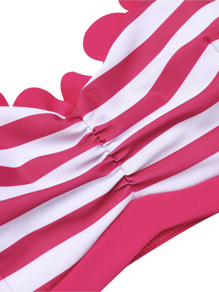 Rose Pink 1960s Stripes Halter Bikini Set