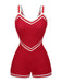 Red 1940s Solid Patchwork V-Neck Swimsuit