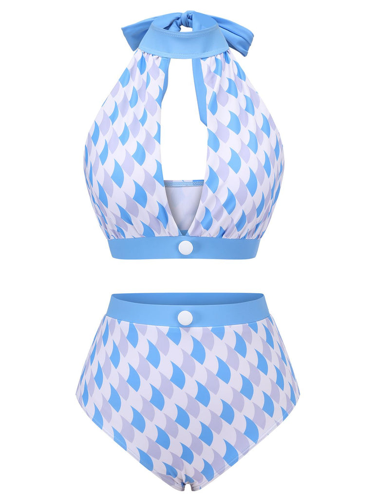 Blue 1940s Hole Collar Halter Swimsuit